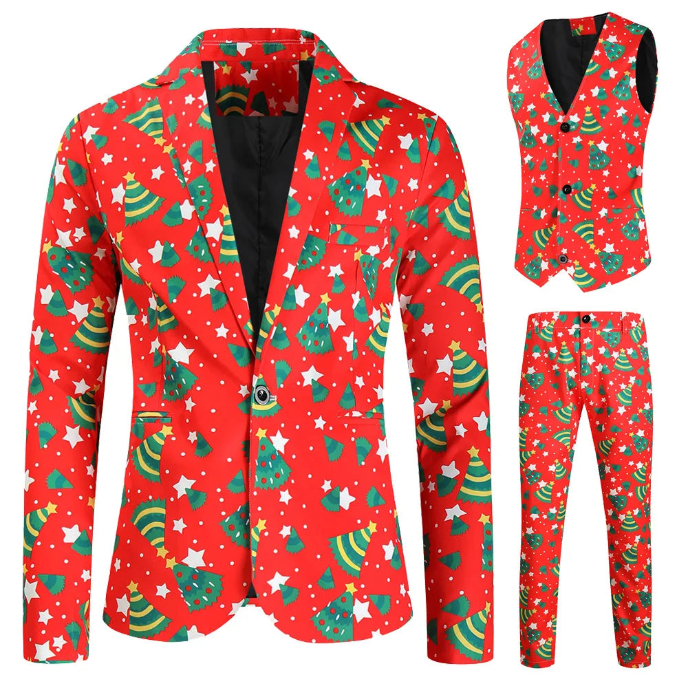 New Men's 3 Piece Christmas Sets Blazers+Vest+Pants 2026 Xmas Printed Men Suit Set Party Stage Dress Up Style Costume Streetwear