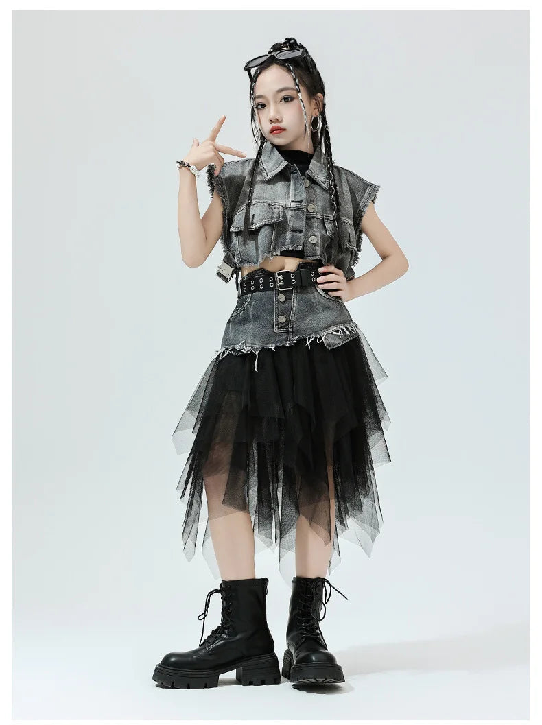 Girls Hip Hop Clothing Denim Sleeveless Jacket Vest Top Street Patchwork Mesh Skirt for Kids Jazz Dance Costume Clothes