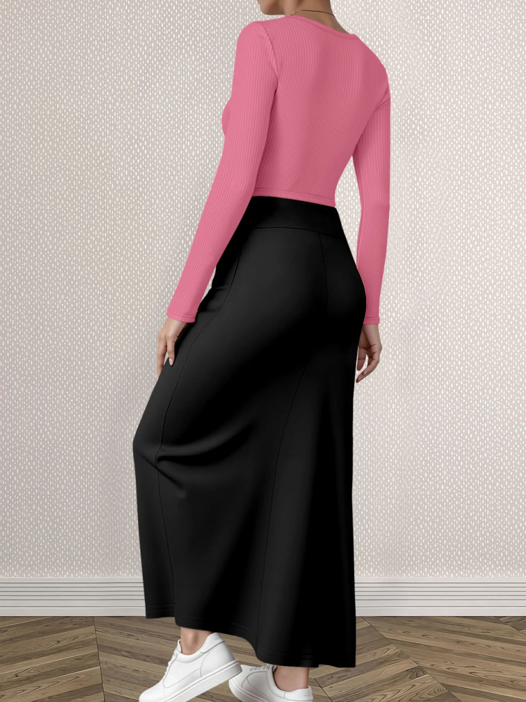 Mature Style Women 2Pcs Outfit, Ribbed Square Neck Crop Top + High Waist Draped A-Line Maxi Skirt