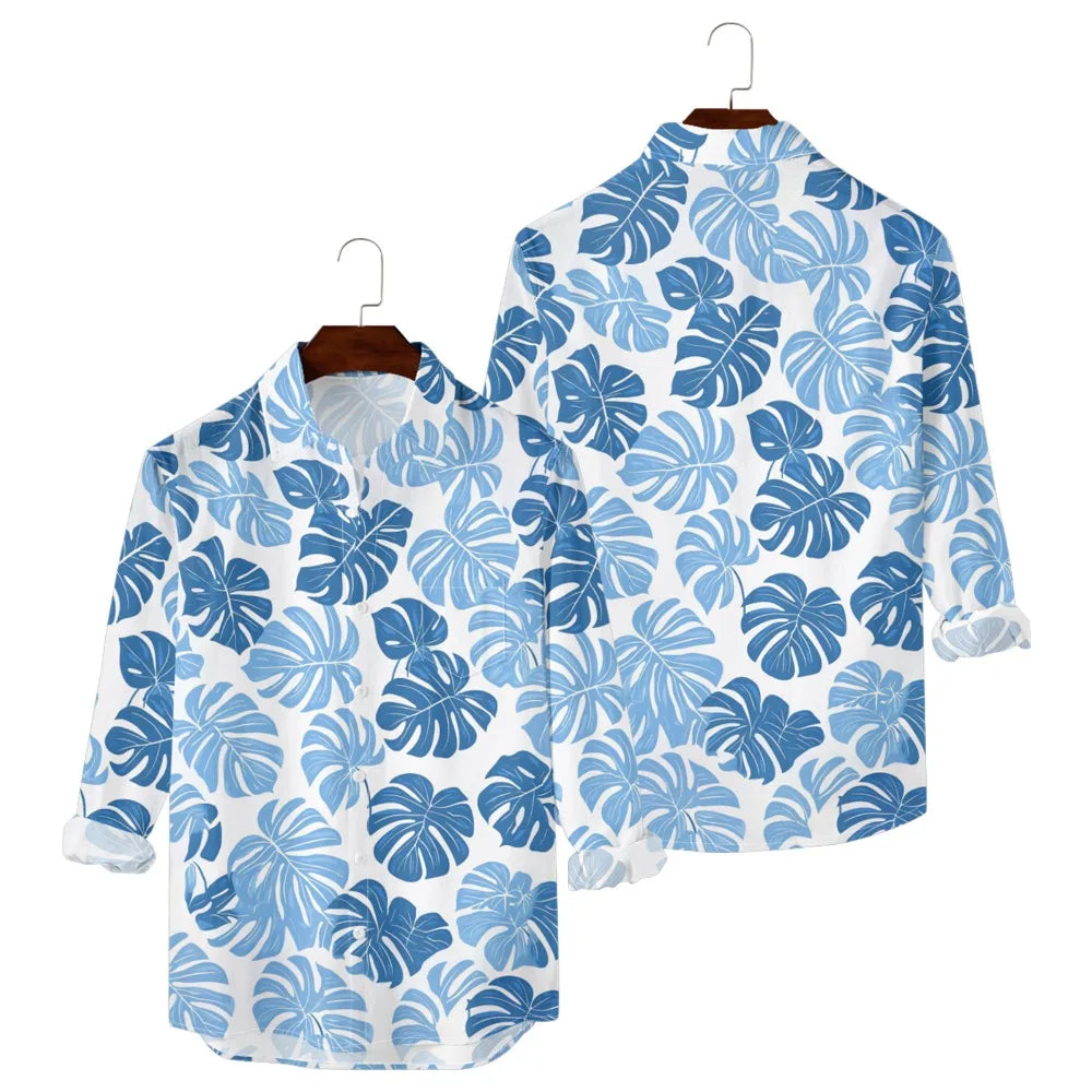 Hawaiian Men Shirts Sunset Ombre Palm Printed Full Sleeve Streetwear Button Up Casual Vacay Beach Parties Poolside Shirt Pocket