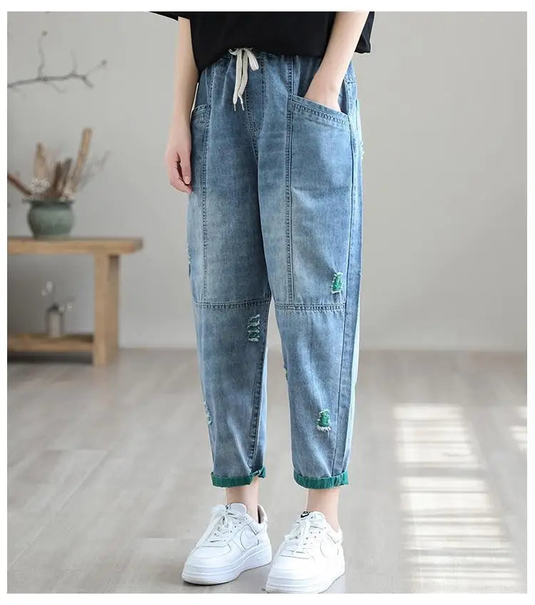 Nine Point ripped Jeans For women Summer 2025 new Loose Thin Elastic waist Casual Harem pants Female denim Ankle Length pants