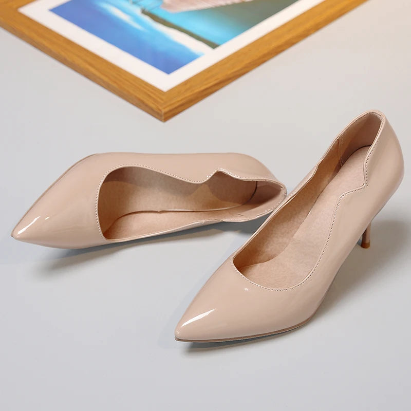 Nude High-Heeled Shoes for Women, Thin Heels, Pointed Toes, Small Size 30, 2024 New Style for Ladies, Elegant Spring and Autumn White Sexy Patent Leather Professional Black Women's Single Shoes, European and American Extra La
