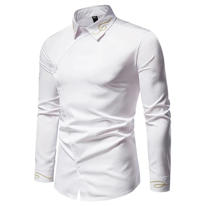 Men's Irregular Oblique Button Up Dress Shirts Streetwear Luxury Elegant Embroidery Business Shirt Chemise Homme Mens Blouses