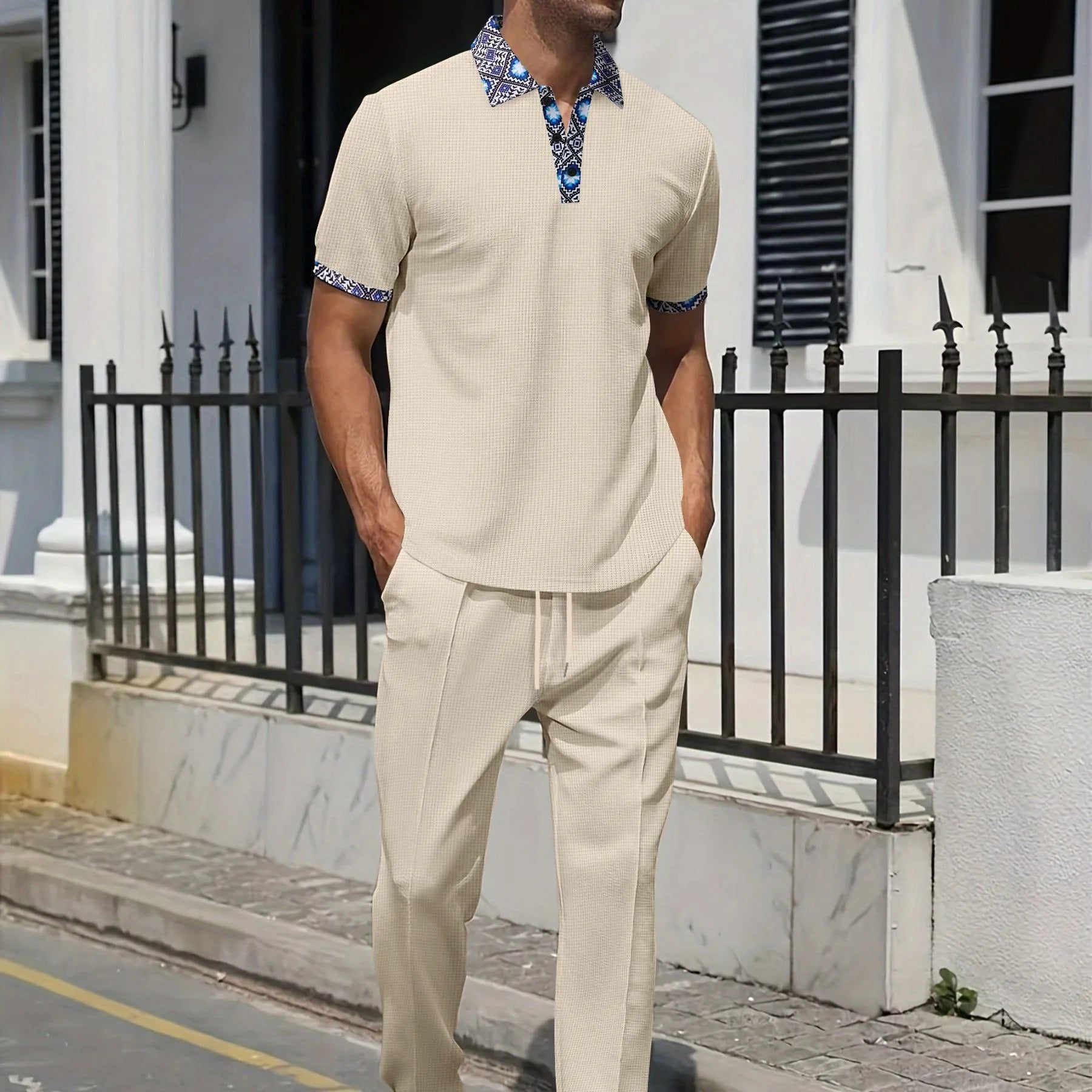 Men's Summer Fashion Set: Color-block Contrast Collar T-shirt + Straight-leg Pants, Trendy and Versatile