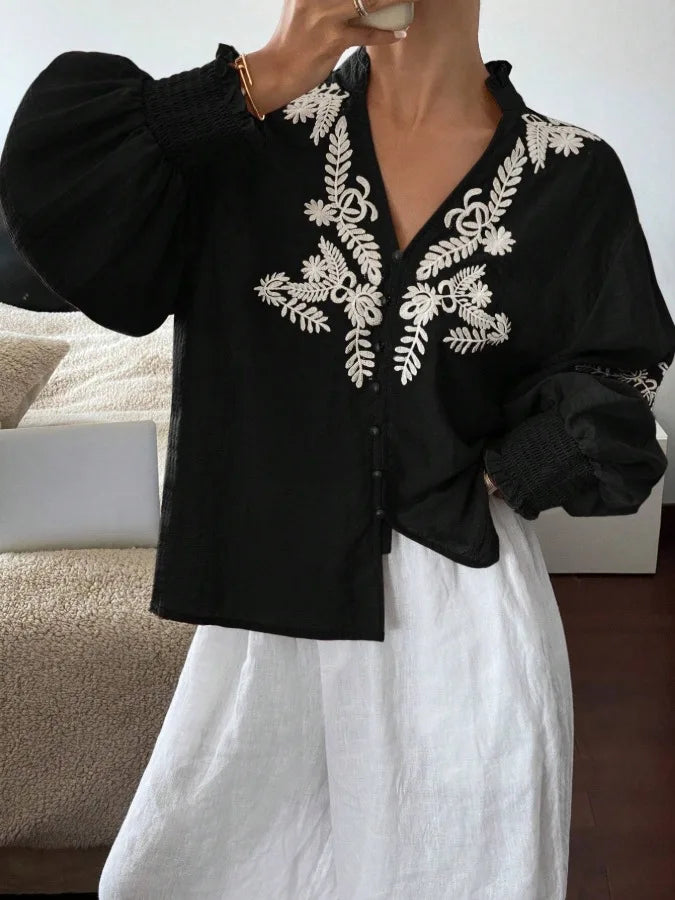 Women Autumn Single Breasted V-neck Blouses and Shirts Ladies Casual Embroidery Long Sleeve Shirt Tops