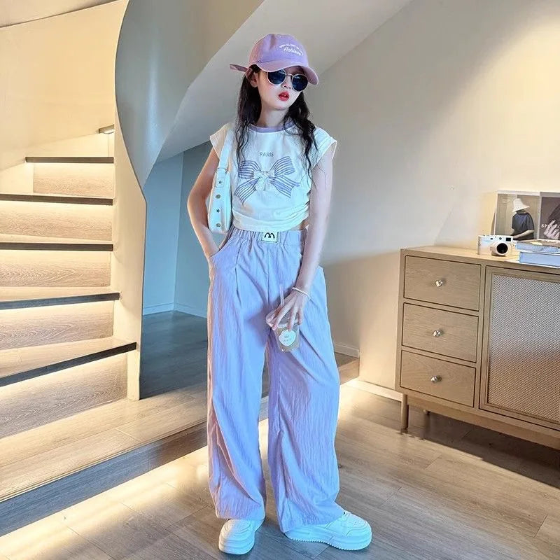 Teen Girls Summer Clothes Color Matching Cartoon T-shirt Trousers Two-piece Suit New Korean Style Sports Suit Children Outfit