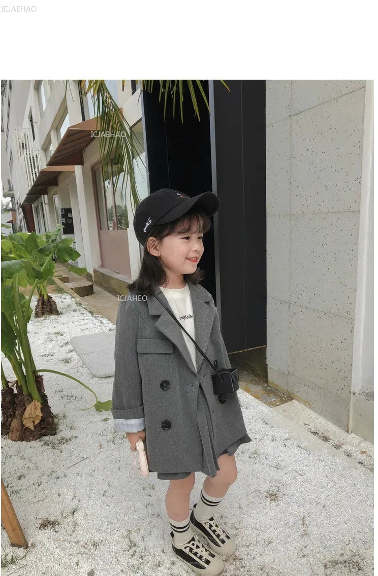 Baby Girls Boy Suit  Kids Tops Coats Jacket British Gray Childrens Clothing Fashion Double-breasted Spring Autumn Costume Sets
