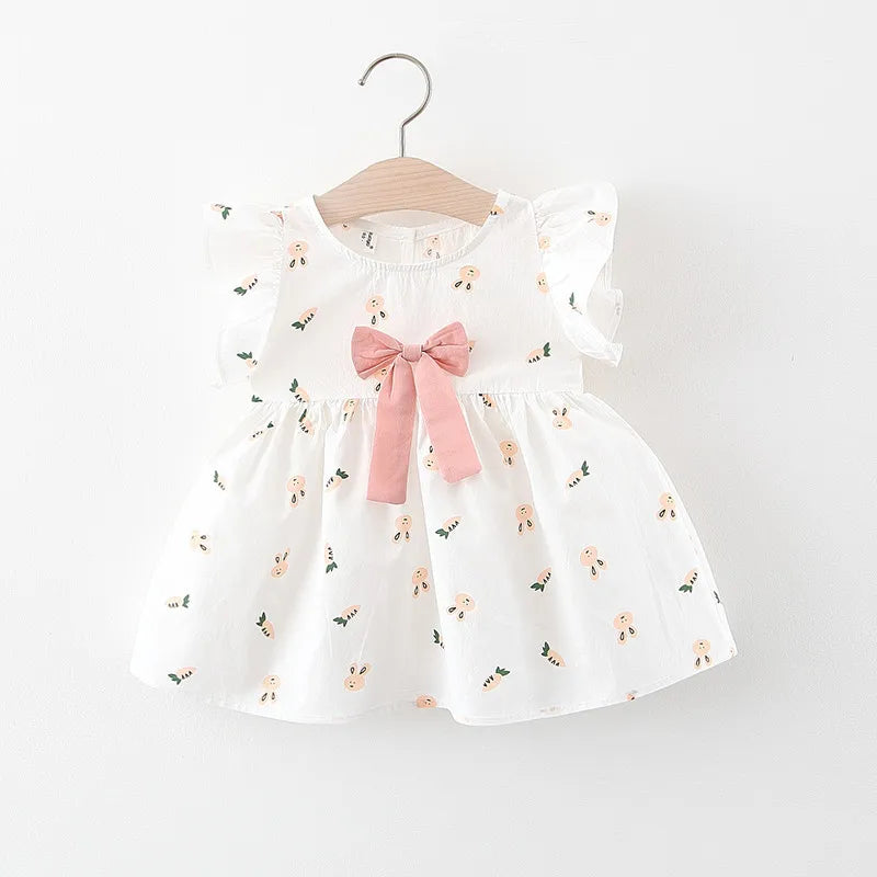 Summer Baby Girls Dresses Toddler Clothes Fashion Cartoon Print Short Sleeved Bow Princess Dress Newborn Children Cute Clothing