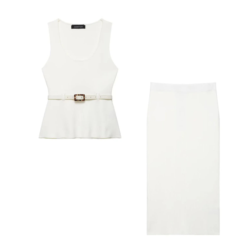 HH Women's Skirt Set Chic Sleeveless O-Neck Belt Decoration Solid Knitted Vest Top+Fashion Elastic Waist Hem Slit Midi Skirt