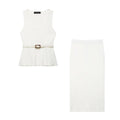 HH Women's Skirt Set Chic Sleeveless O-Neck Belt Decoration Solid Knitted Vest Top+Fashion Elastic Waist Hem Slit Midi Skirt