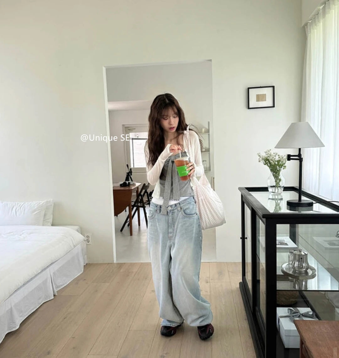Summer Spicy Girl  Knot Tie Neck Vest Top Washed Denim Blue Women's Fashion Straight Cut Outerwear Short Length