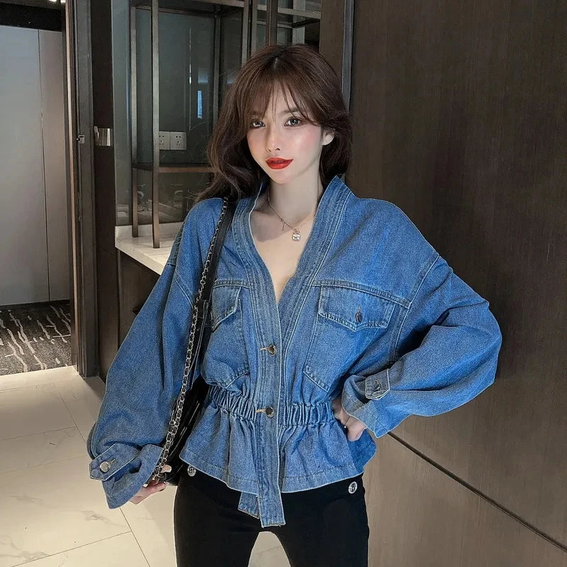 Jean Jacket V-neck Pleated Waist Slim Coat Women's Autumn Korean Fashion Personalized Irregular Shirt Loose Casual Denim Tops