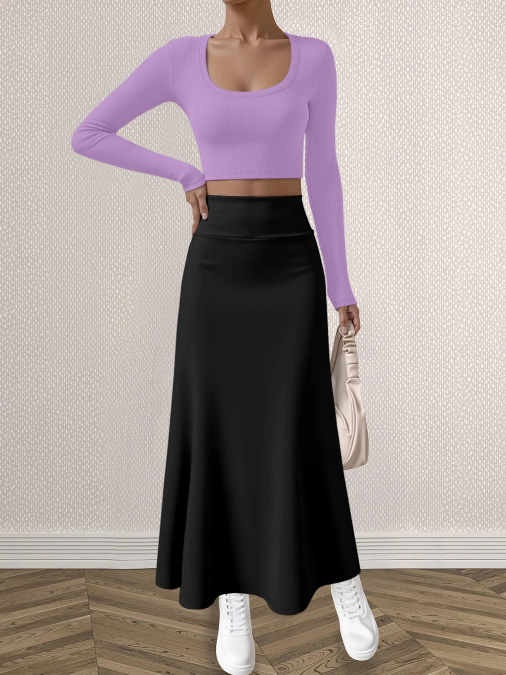 Mature Style Women 2Pcs Outfit, Ribbed Square Neck Crop Top + High Waist Draped A-Line Maxi Skirt