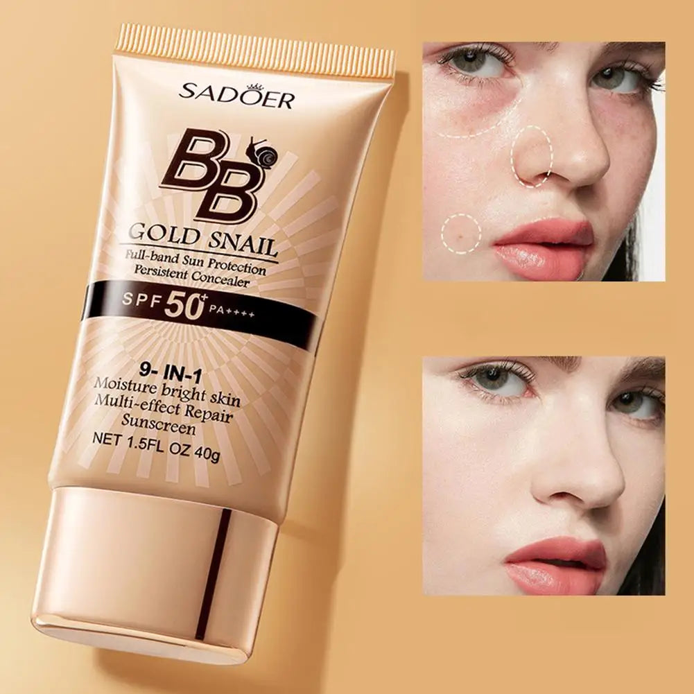 SPF50+ Gold Snail Sunscreen BB Cream Whitening Foundation Concealer Moisturizing Long Lasting Even Skin Tone Makeup Base Primer