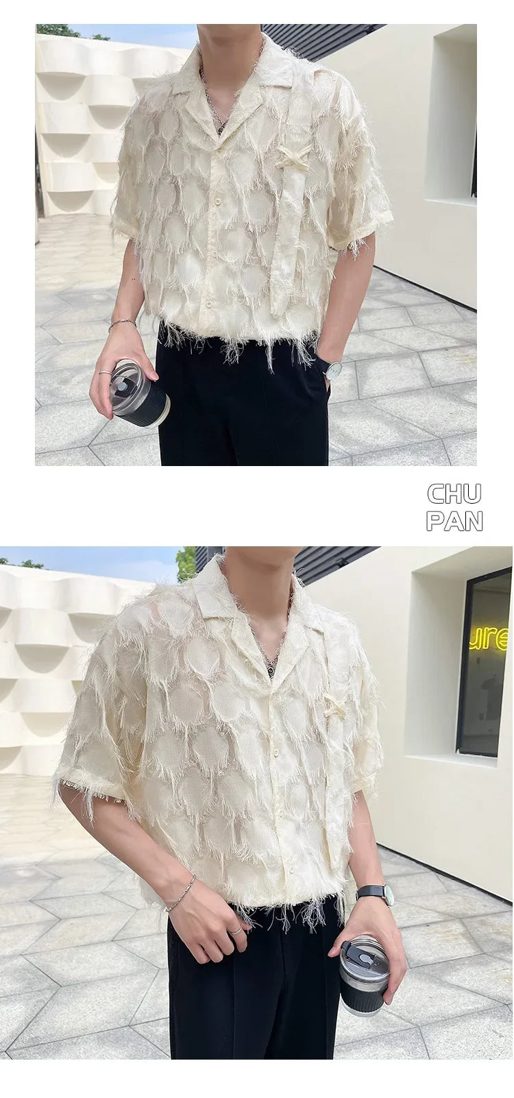 Mature Style Fringed Fringed Design Half-sleeved Shirt for Men's Niche Loose Summer Short-sleeved