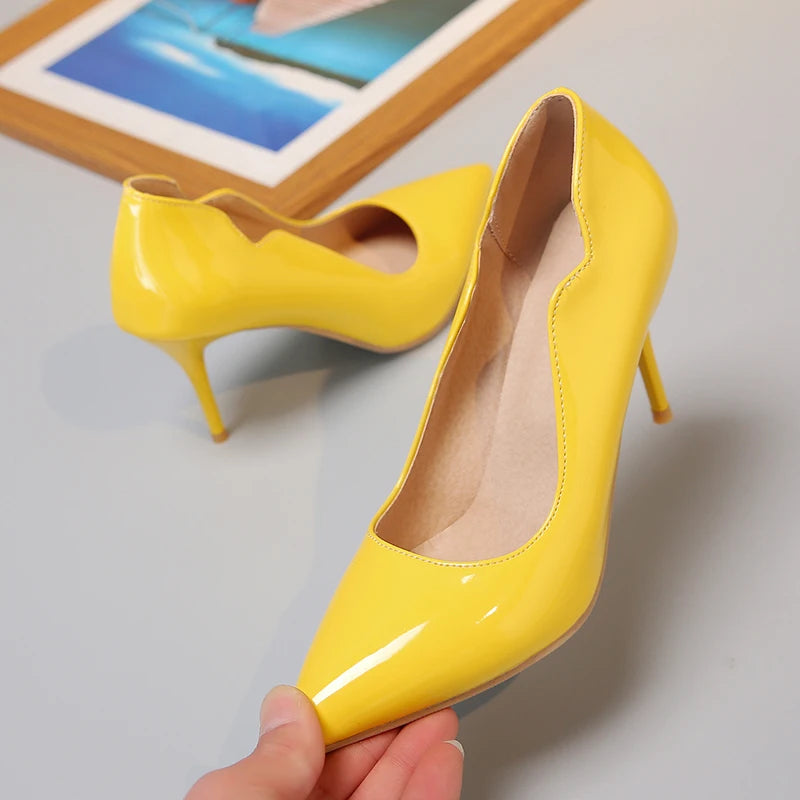 Nude High-Heeled Shoes for Women, Thin Heels, Pointed Toes, Small Size 30, 2024 New Style for Ladies, Elegant Spring and Autumn White Sexy Patent Leather Professional Black Women's Single Shoes, European and American Extra La