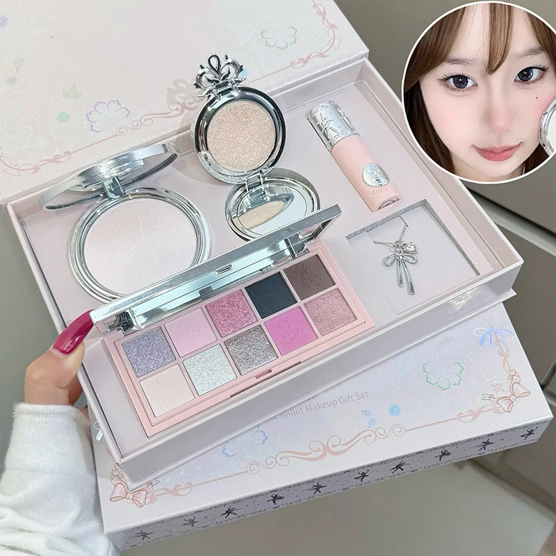 NICEKEY Pink Ballet Makeup Box Include 1*Lip mud,1*Pressed Powder,1*Highlight Powder,1*Eyeshadow Palette Powder With Necklace