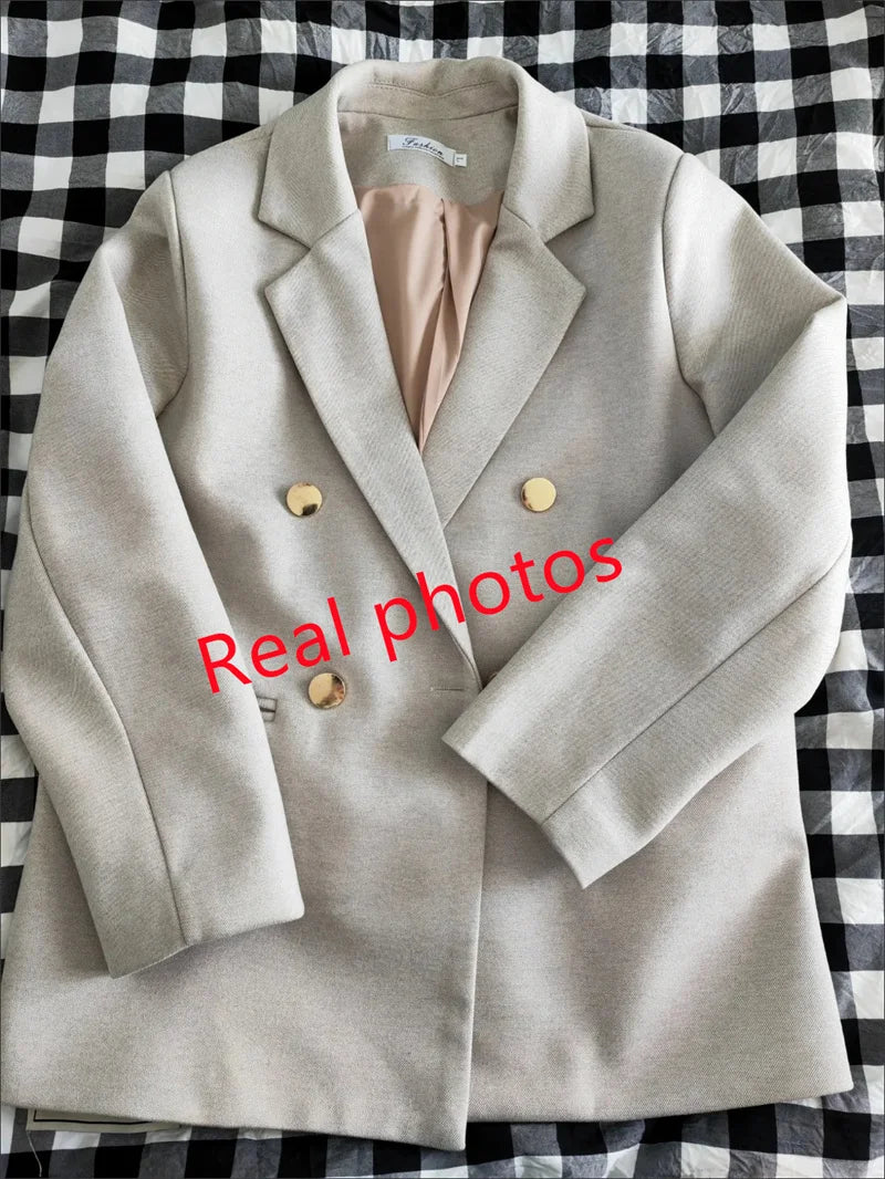 Fashion Woolen Suit Jacket Women's Vintage Blazers Double-breasted Office Coat Female Casual Outerwear Spring Autumn Streetwear