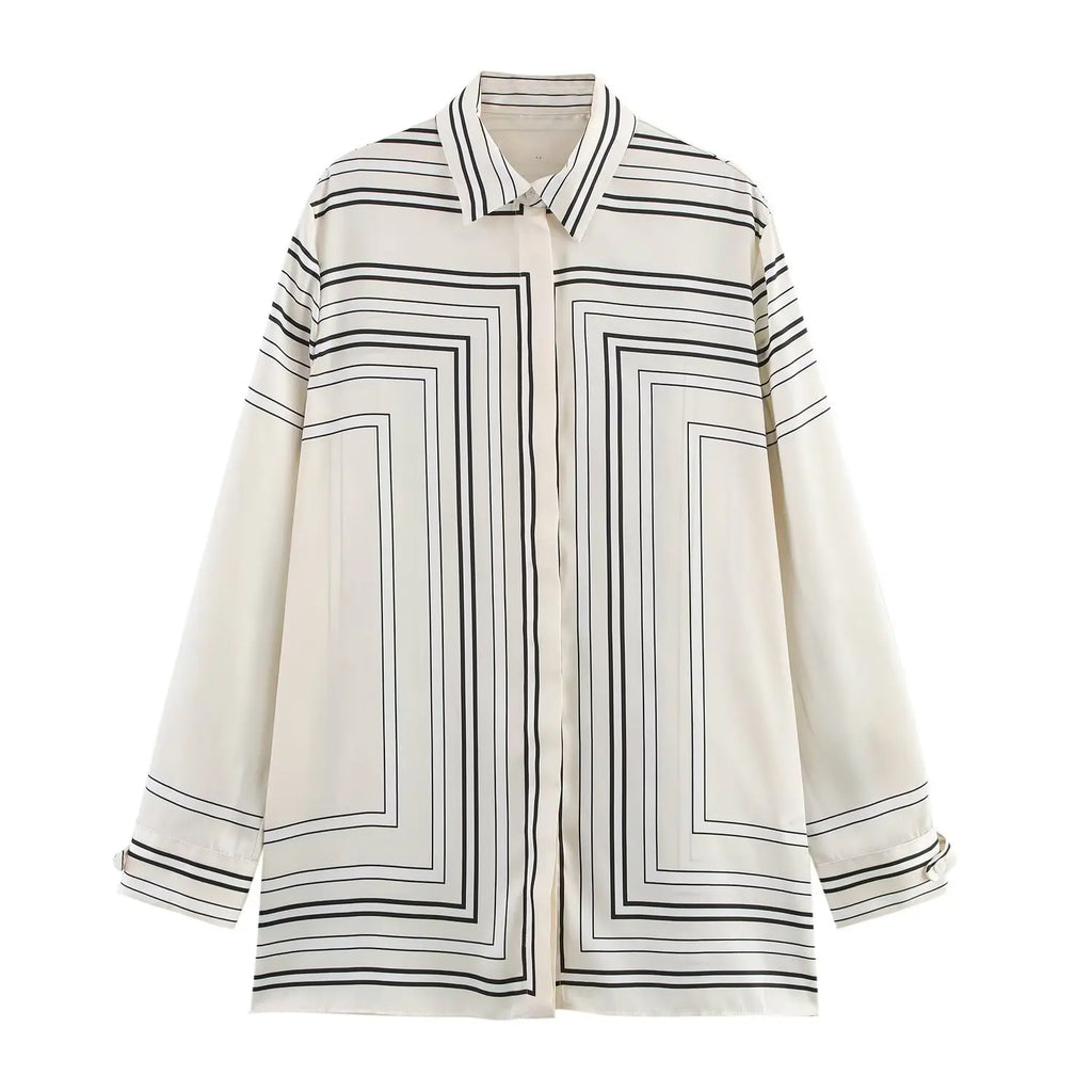 HH 2025 Women Trouser Suit Turn-down Collar Long Sleeve Single-breasted Slim Print Shirt+High Waist Zipper Loose Long Pants