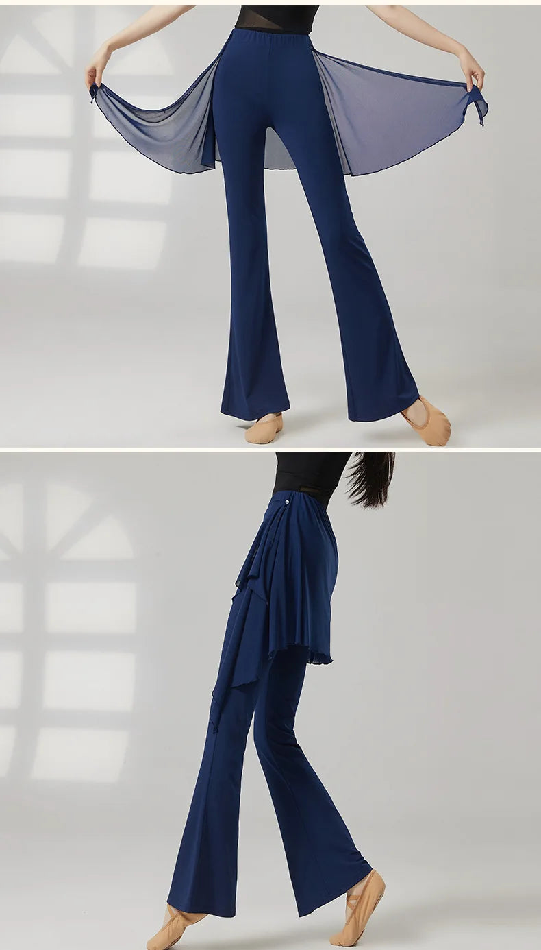Modern Dance Pant Women Long Microflared Latin Trousers Mesh Wrap Skirt Classical Practice Costume Stage Line Dancewear Female