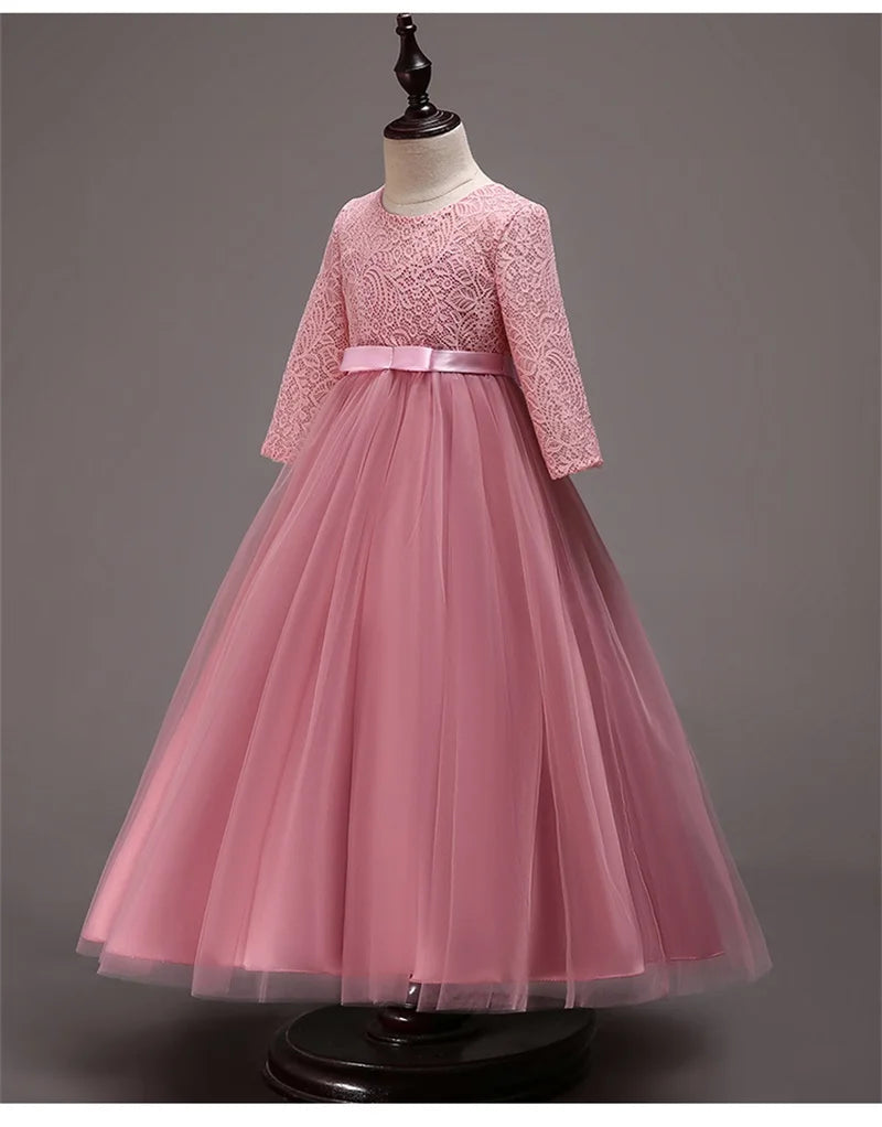 Elegant Dress For Teenage Girl Lace White Long Sleeve Wedding Princess Dresses For Children Prom First Communion Long Puffy Gown