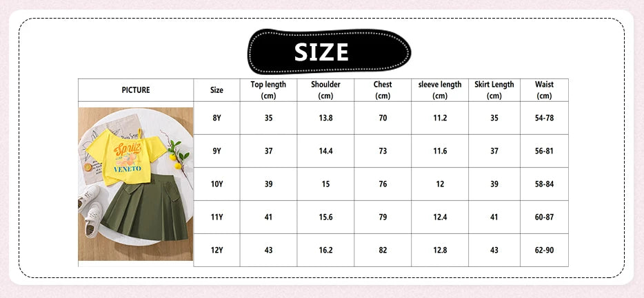 Girls 8-12 2-Piece Set, Yellow Fruit Print Off-Shoulder Top & Green Pleated Skirt, Fresh Cute for Daily Summer Wear