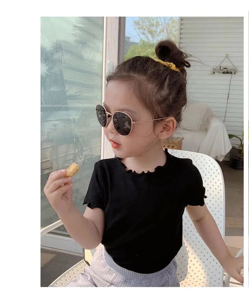 Baby Girls T-Shirt Summer Kids Short Sleeve Tops Tees Soft Ice Silk Fabric Toddler Solid Color Shirts Children's Clothing 1-10Y