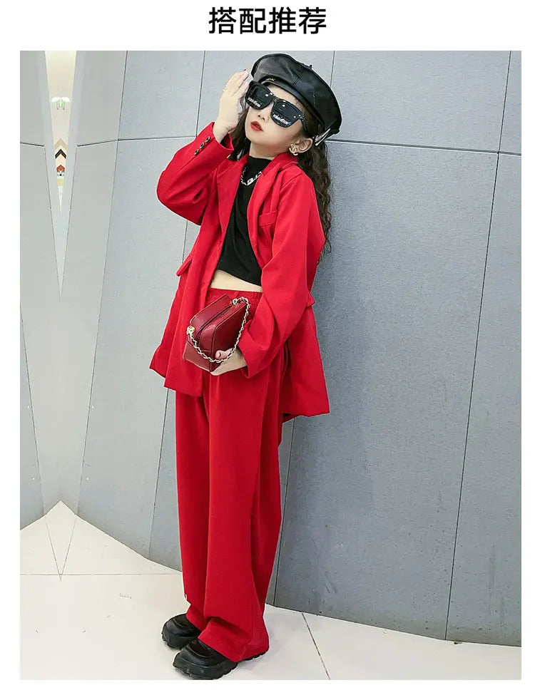 Girls Red Blazer Suits Clothing Sets Spring Autumn Kids Jackets+Pants Fashion Loose Formal Teenager Casual Outfits 5-14Years Old