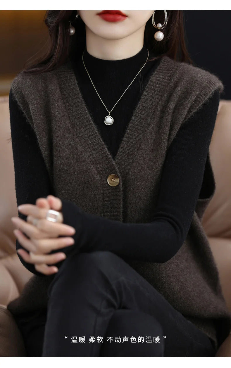 Girls Wear New Women's Loose High-End Waistcoat Knit Vest Wool V-Neck Solid Color Button Sleeveless Fashion Coat Cardigan Trend