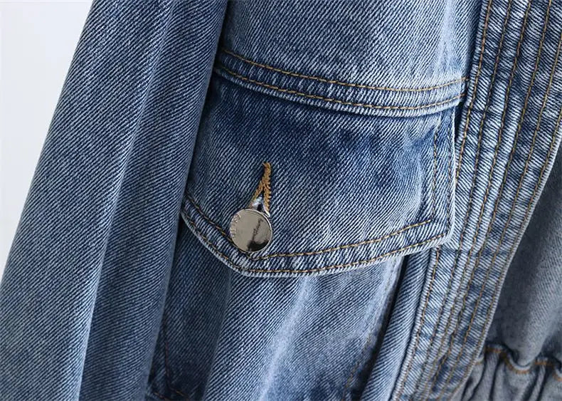 Jean Jacket V-neck Pleated Waist Slim Coat Women's Autumn Korean Fashion Personalized Irregular Shirt Loose Casual Denim Tops