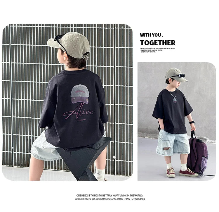 New Summer High Quality Teenage Children Short Sleeve Cotton T-shirt for a Boy Casual Tee Tops Kids Elegant Luxury Tshirt Wear