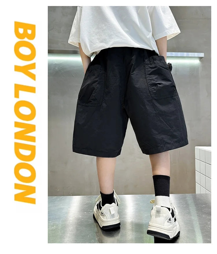 Kids Casual Solid Color Cargo Shorts for Tween Boys Khaki Black Summer Shorts Teenage Child Brief Knee-Length Pants Age 5-14Y