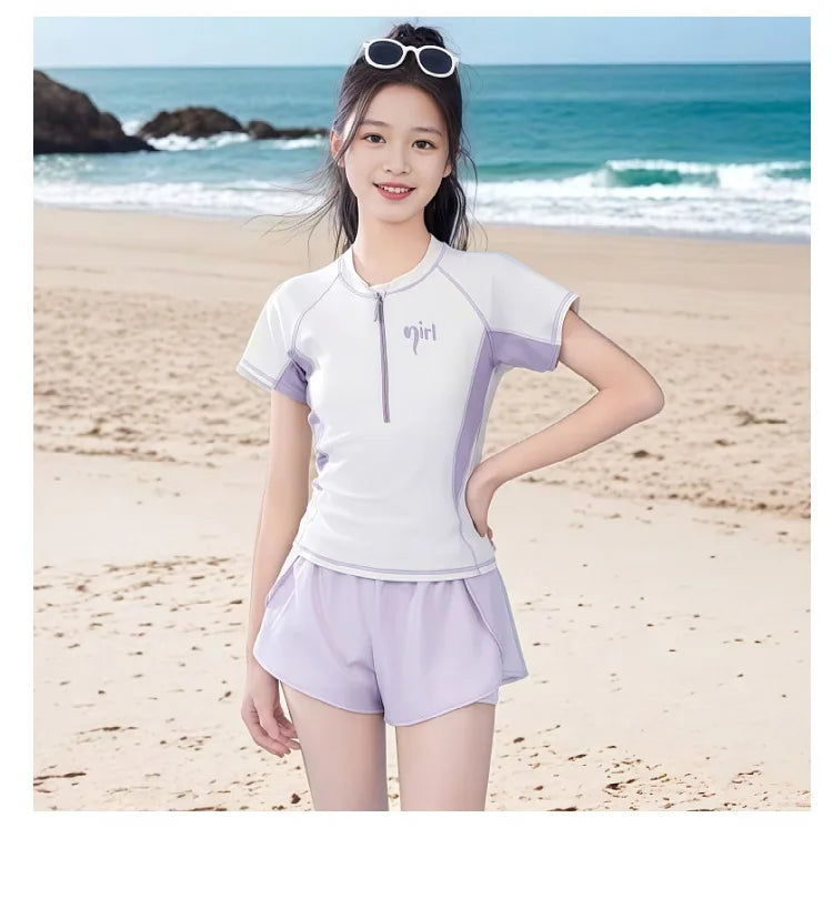 Summer New Girls Swimwear Teen Conservative Two Piece Sports Swimsuit for Developing Youth