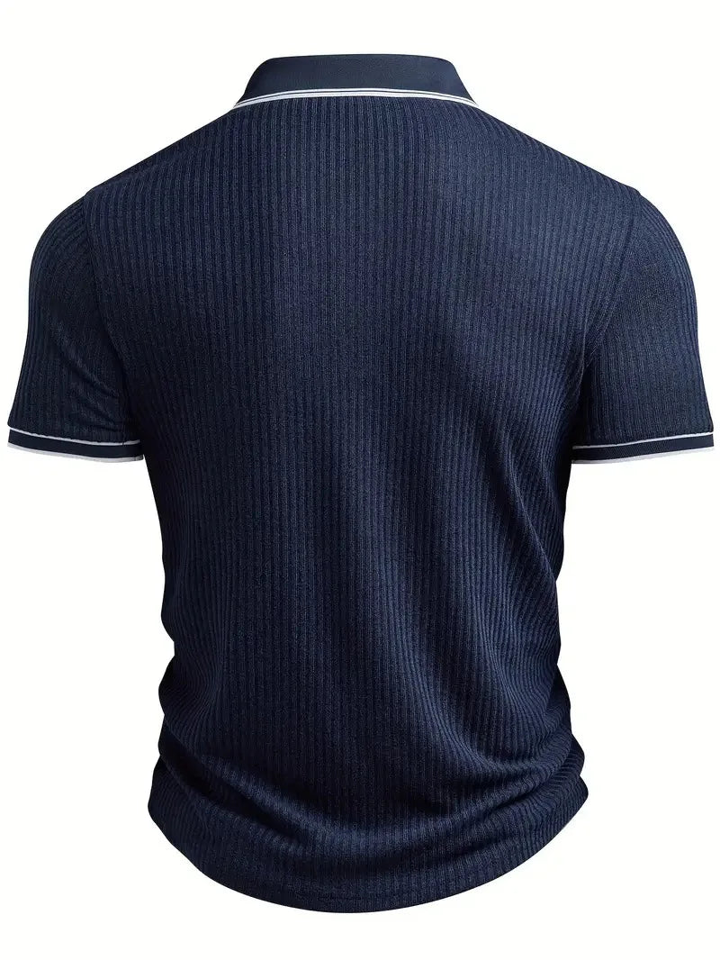 Men Ribbed Knit Polo Shirt Short Sleeve Turn Down Collar Contrast Trim Button Placket Slim Fit Casual Top