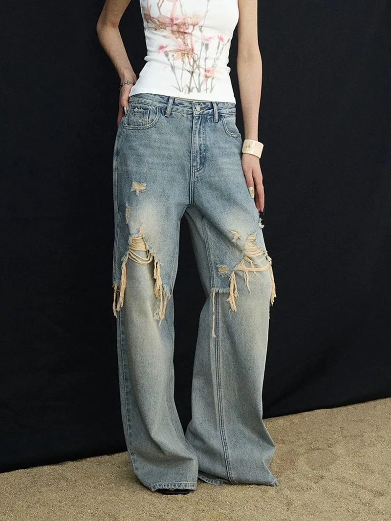2026 New Women's Jeans Trendy Brand High Street Splicing Distressed Loose Casual Wide Legs Straight Long