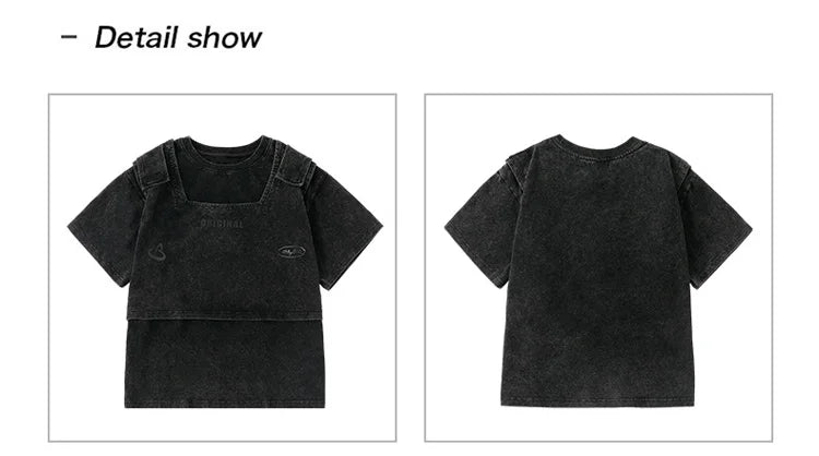 Kid Kpop Clothing Fake-2-Piece T Shirt Leaf Print Streetwear Harajuku Hip Hop Jeans for Girl Boy Jazz Dance Costume Clothes