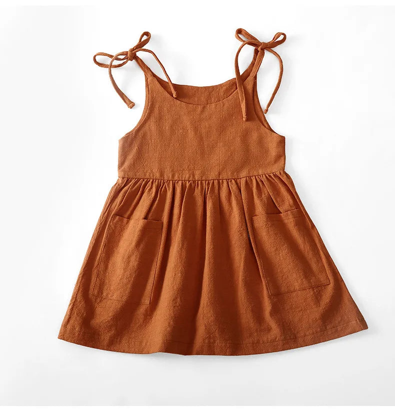 Summer Toddler Girl Dress Sleeveless Cotton Kids Beach Dress with Pocket