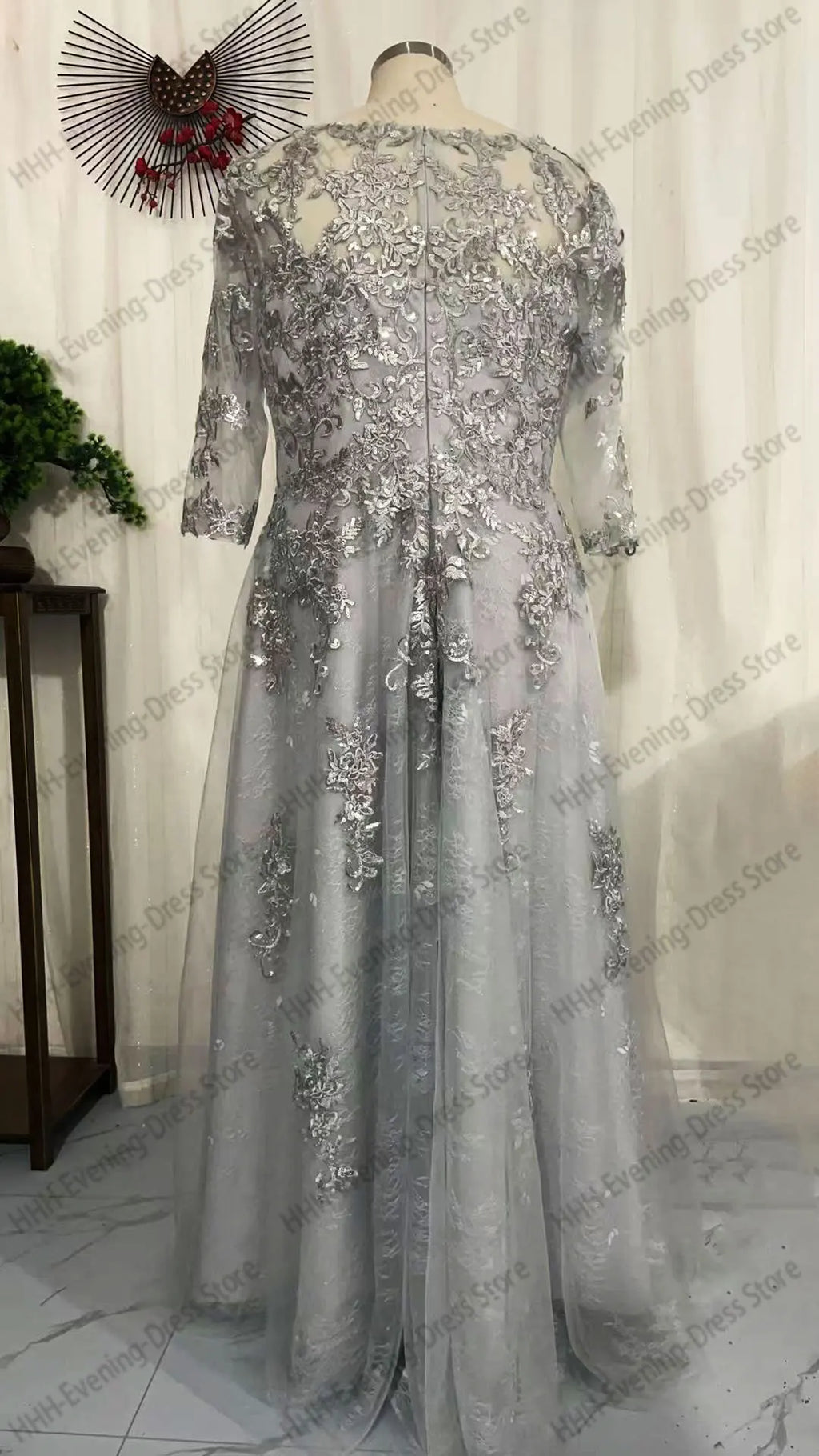 Women's Elegant Evening Dress Prom Dress Formal Gown Boat Neck 3/4 Sleeves Lace Applique Draped A-line Cocktail Dress Customized