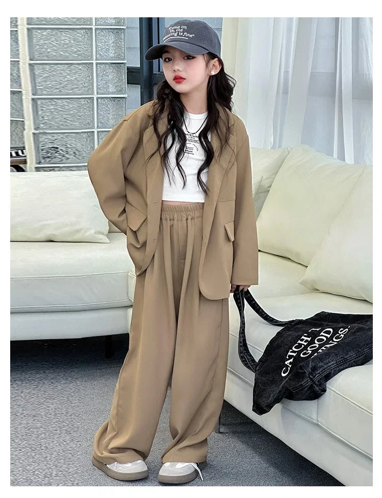 Girls Blazer Set Spring Autumn Fashion Loose Fit Jacket Trousers 2-Piece Kids Casual Outfit Trendy School Children Clothes Suit