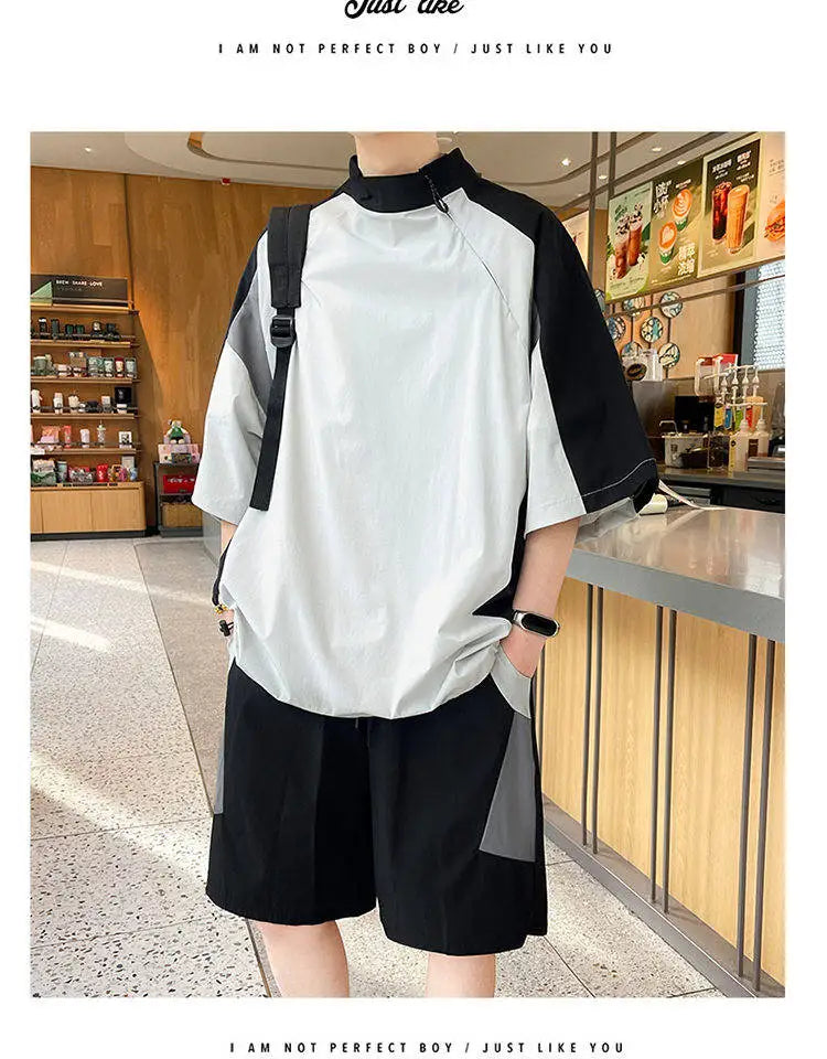 【T-Shirt + 5-Point Shorts】Men's T-Shirt Set Summer Fashion Nylon Blend Diagonal Neck Streetwear Sports Leisure Two-Piece Suit
