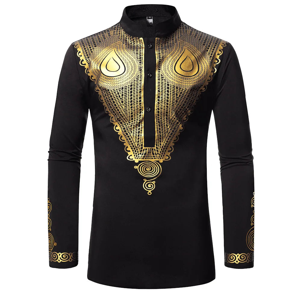 Men's African Style Ethnic Shirt Traditional Tribal Printed Stand Collar Robe Turkish Long Sleeve Dashiki Tops