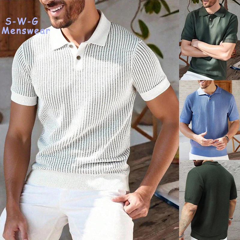 Mens Knit Shirts Short Sleeve Men's Textured Knit Polo Shirt Summer Short Sleeve Vacation Button Beach Knit Stretchy Golf Shirts