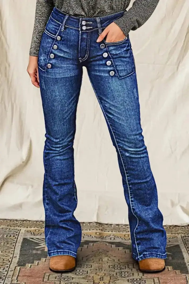 European and American women's jeans with trendy high street button design slim fit and slimming temperament micro flared pants