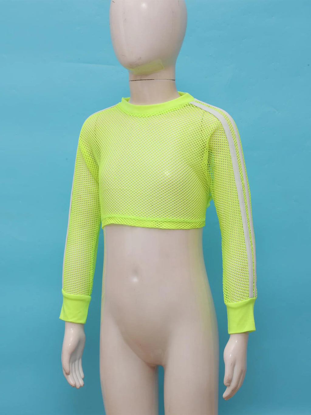 Kids Girls Fishnet T-shirt Hip Hop Street Dance Tops Long Sleeve Round Neck Hollow Out Mesh Crop Top for Workout Gym Sportswear