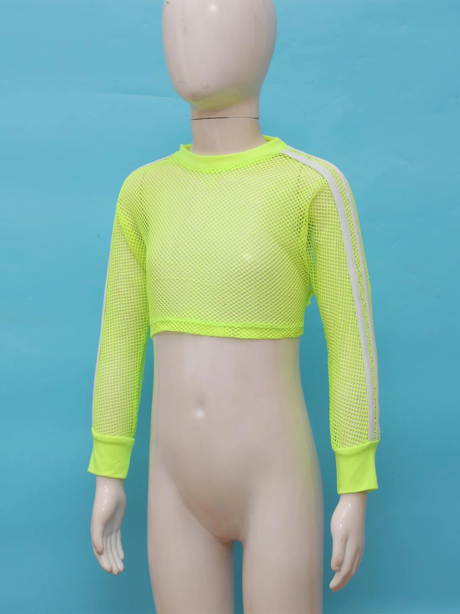 Kids Girls Fishnet T-shirt Hip Hop Street Dance Tops Long Sleeve Round Neck Hollow Out Mesh Crop Top for Workout Gym Sportswear