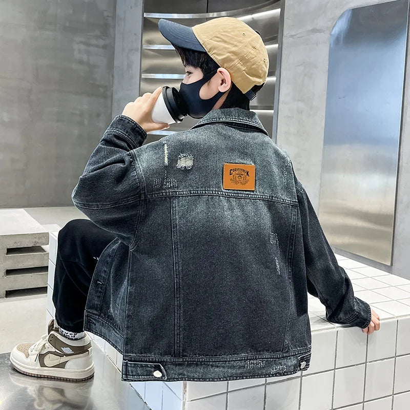 Kids Luxury Clothing Black Blue Denim Jacket for Teenage Boy Spring Autumn Ripped Denim Jacket Coat Child Casual Outfit Age 5-14