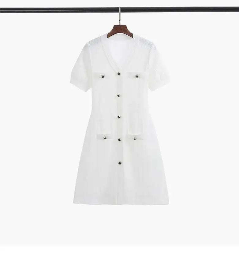 Summer V Neck Single Breasted Knitting Mini Dresses for Women 2024 Fashion Short Sleeve Mini Party Dress Vestidos Female