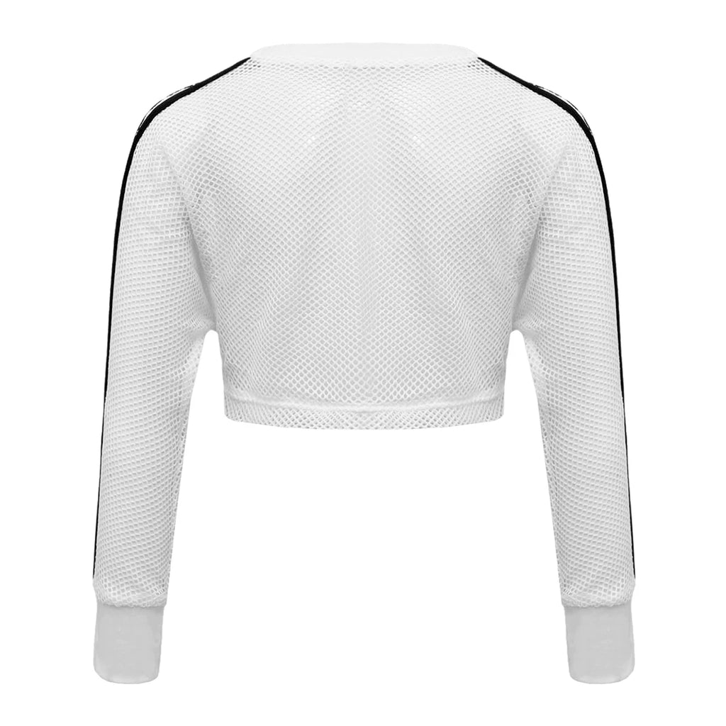 Kids Girls Fishnet T-shirt Hip Hop Street Dance Tops Long Sleeve Round Neck Hollow Out Mesh Crop Top for Workout Gym Sportswear