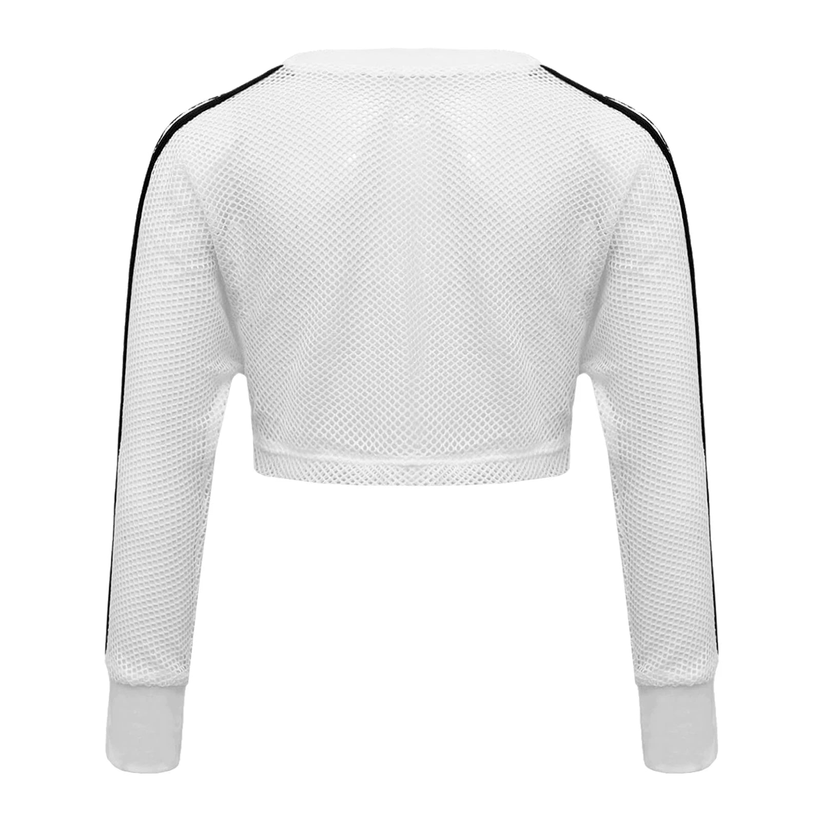 Kids Girls Fishnet T-shirt Hip Hop Street Dance Tops Long Sleeve Round Neck Hollow Out Mesh Crop Top for Workout Gym Sportswear