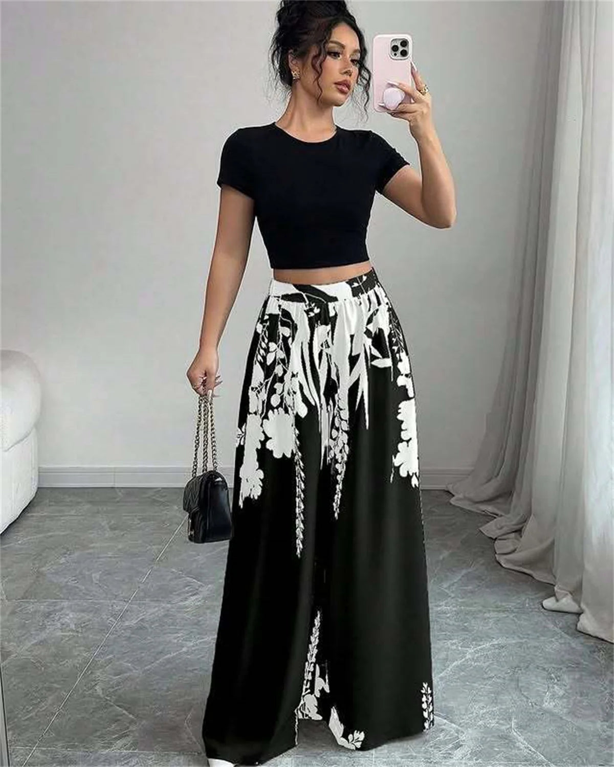 Women's Trousers Fashionable High Street Black And White Flower High Waist Casual Wide Leg Pants 2026 Spring Summer New Style